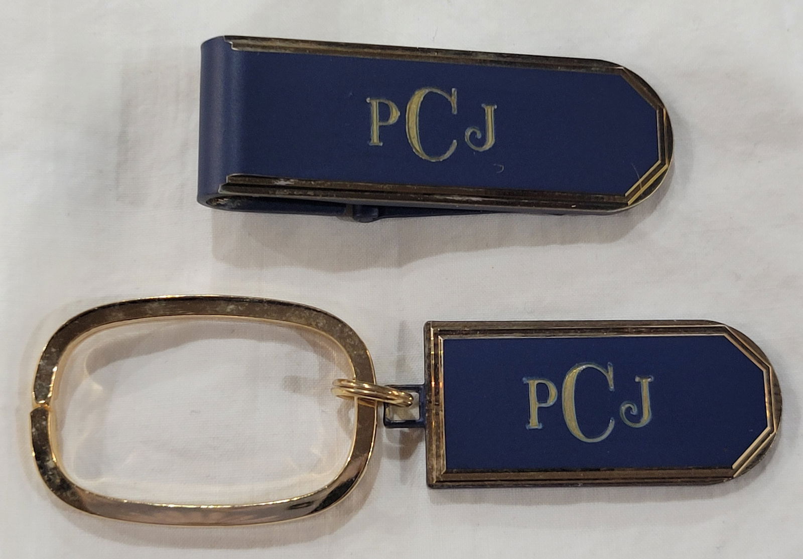 Navy and Gold personalized money clip and key chain engraved with PCJ: Navy and Gold personalized money clip and key chain engraved with PCJ