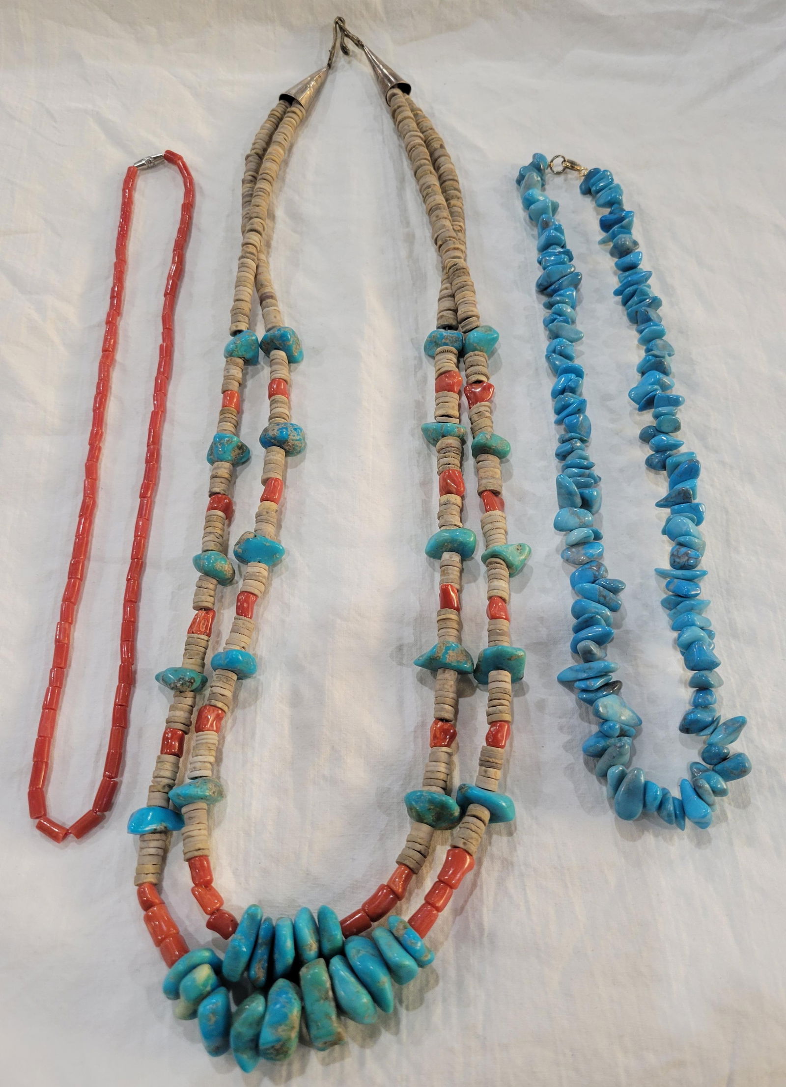 Red Coral, Turquoise, and Double Strand Turquoise, Red Coral and Heishi Shell Necklaces: Three Necklaces - Set Includes: Red Coral Necklace 18", Turquoise Necklace 17.5", Double Strand Turquoise, Red coral and Heishi Shell Spacers Necklace with Sterling Clasp Closure 25.5"
