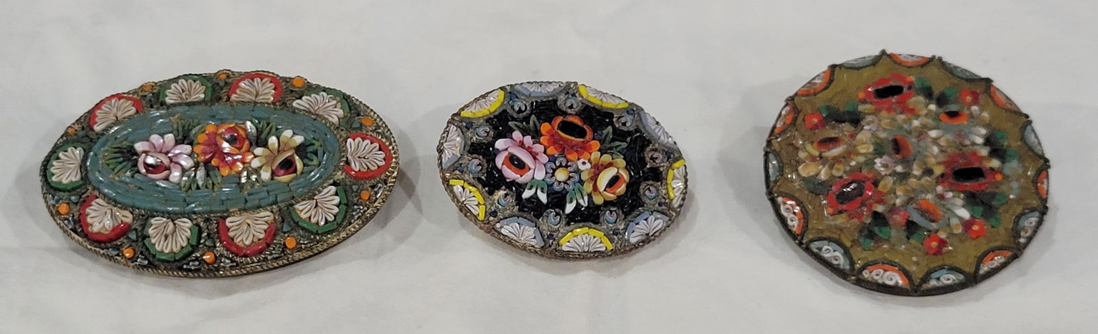 Three (3) Vintage Italian Glass Mosaic Floral Brooch Pins: Made from Tiny glass tiles known as tesserae