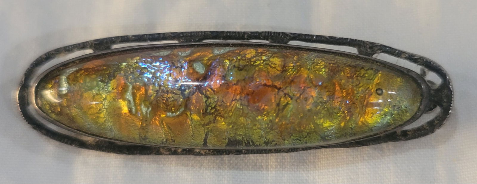 Art Deco Antique Foiled Glass Brooch Bar Pin: Sterling Silver setting