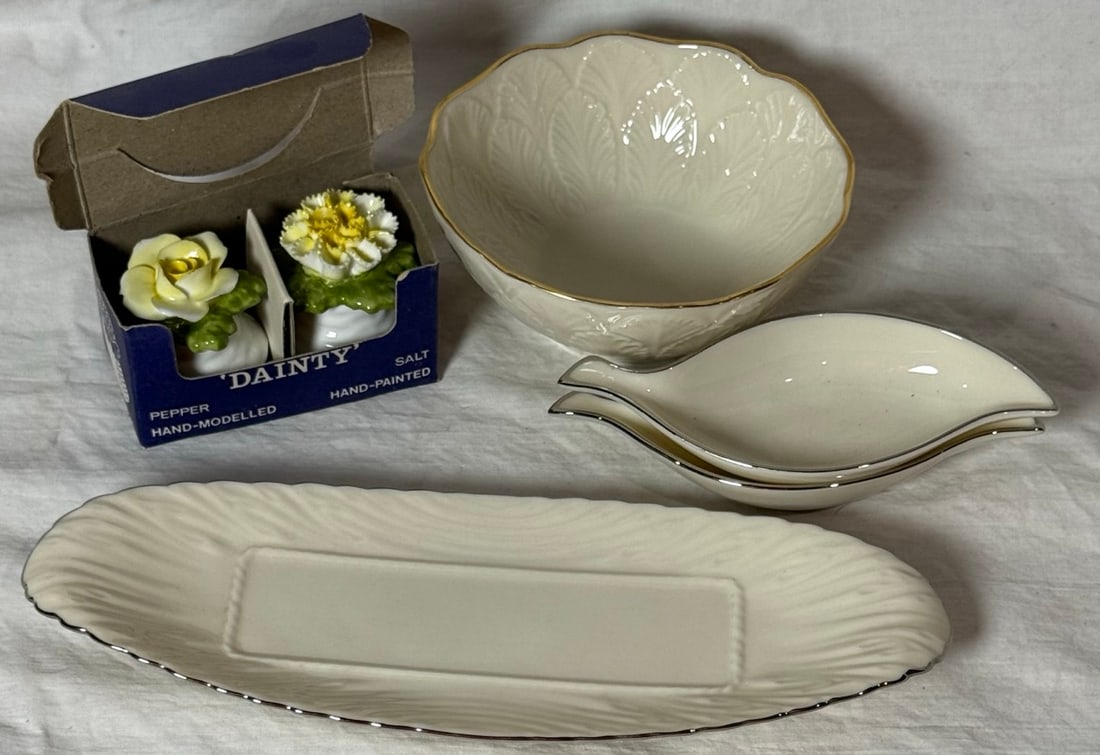 Aynsley + Lenox Serving Lot: Aynsley salt & pepper, Lenox bowl, nut bowls, and tray.
