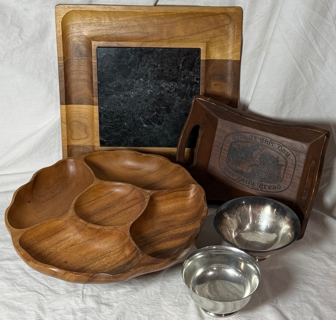 Wood Serving & Charcuterie Lot: Wood lazy susan, bread tray, charcuterie board w/ slate, 2 metal bowls.