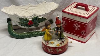 Vintage Christmas Decor Lot – Sled Planter, Music Box & Cookie Tin (1 of 1)