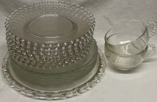 Glass Candlewick plates and cups: Set of hobnail-style milk glass plates with matching clear mug.