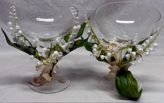 Set of 2 Champagne Coupes: Beautiful glass champagne coupes with floral accents. Etched names & year Merry andn Merrylynn 1966