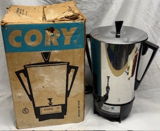 Vintage Cory Stainless Steel Coffee Percolator Model AP-30S w/ Box: Classic Cory stainless steel percolator with original box.