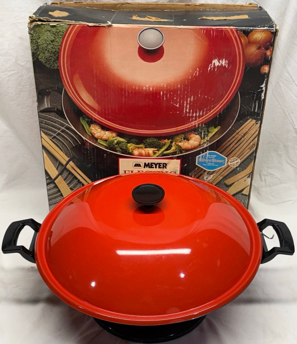 Vintage Meyer Electric Wok Red w/ Lid Original Box: Bright red vintage electric wok by Meyer with lid and original packaging.