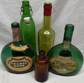 Vintage Isabel Rosé & Mateus Wine Bottles Green Glass Bar Decor: Set of vintage wine bottles including Isabel Rosé and Mateus Branco. Classic rounded green glass styles