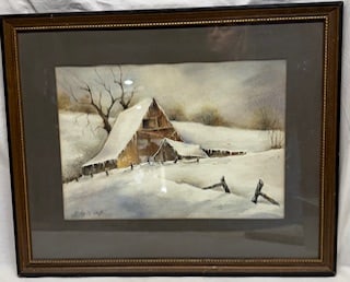Barn in Snowstorm Watercolor Painting (1 of 1)