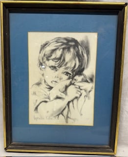 Hyacinthe Kuller Baron Framed Print – “The World is Full of Hope: Framed black and white portrait print of a child, signed Hyacinthe Kuller Baron. Matted with blue background