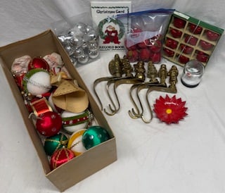 Brass Stocking Hangers + Ornaments & Snow Globe Lot (1 of 1)