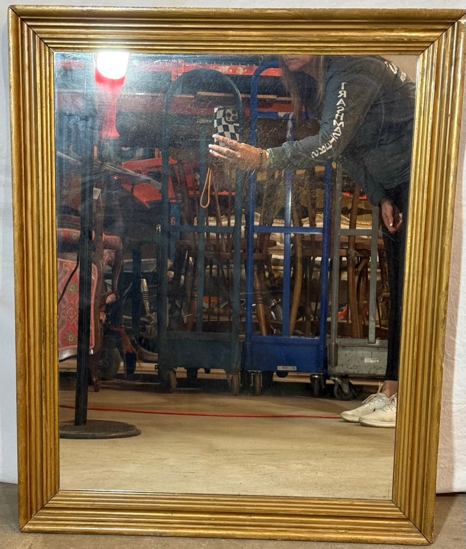 Gold Framed Wall Mirror: Decorative gold framed wall mirror. Measures approx. 27” wide, 33” tall. Shows wear and minor damage/chipping (see photos).