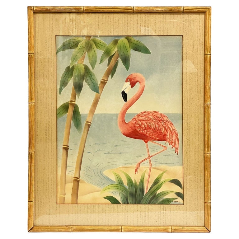 MCM Beach Pink Flamingo Watercolor on Paper Signed by Shirrell Graves, Framed (1 of 10)