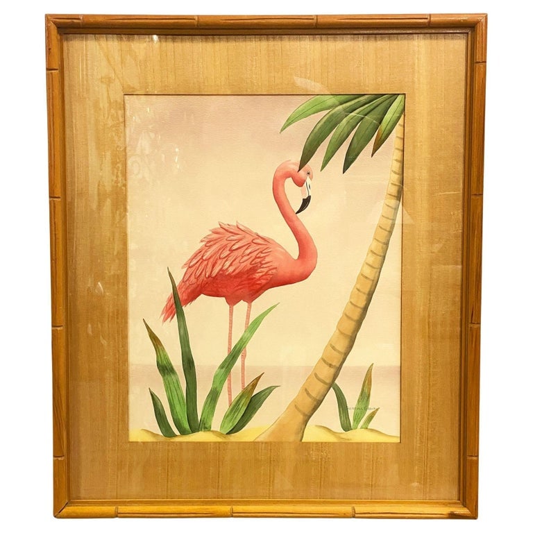 MCM Peeking Pink Flamingo Watercolor on Paper Signed by Shirrell Graves, Framed (1 of 9)