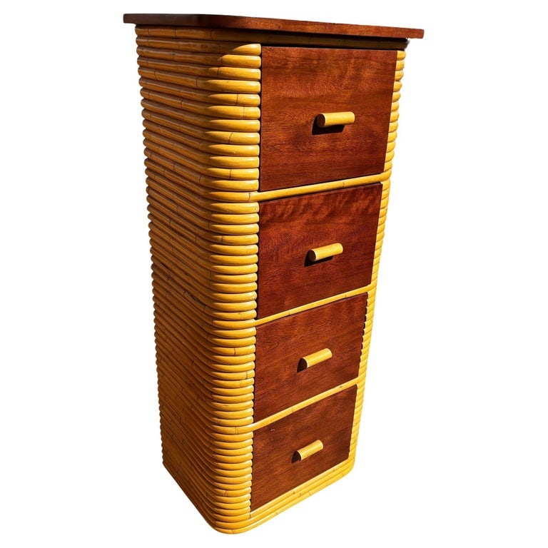 Restored Paul Frankl Style Stacked Rattan & Mahogany Petite Chest of 4 Drawers (1 of 8)