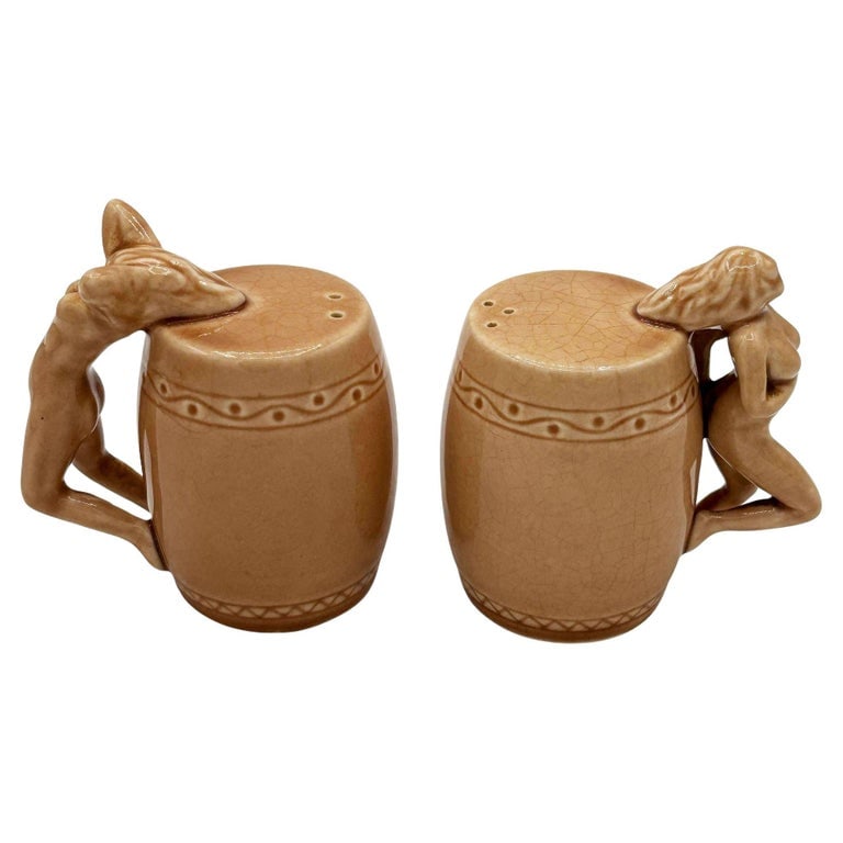 Strip Tease- Eye Appeal Ceramic Barware Salt & Pepper Shaker by Dorothy Kindell: A fabulous set of 6 "Strip Tease- Eye Appeal" ceramic barware Salt & Pepper Shaker by Dorothy Kindell, circa 1940s. This hard-to-find complete set features 2 women hanging off the shaker in all stages