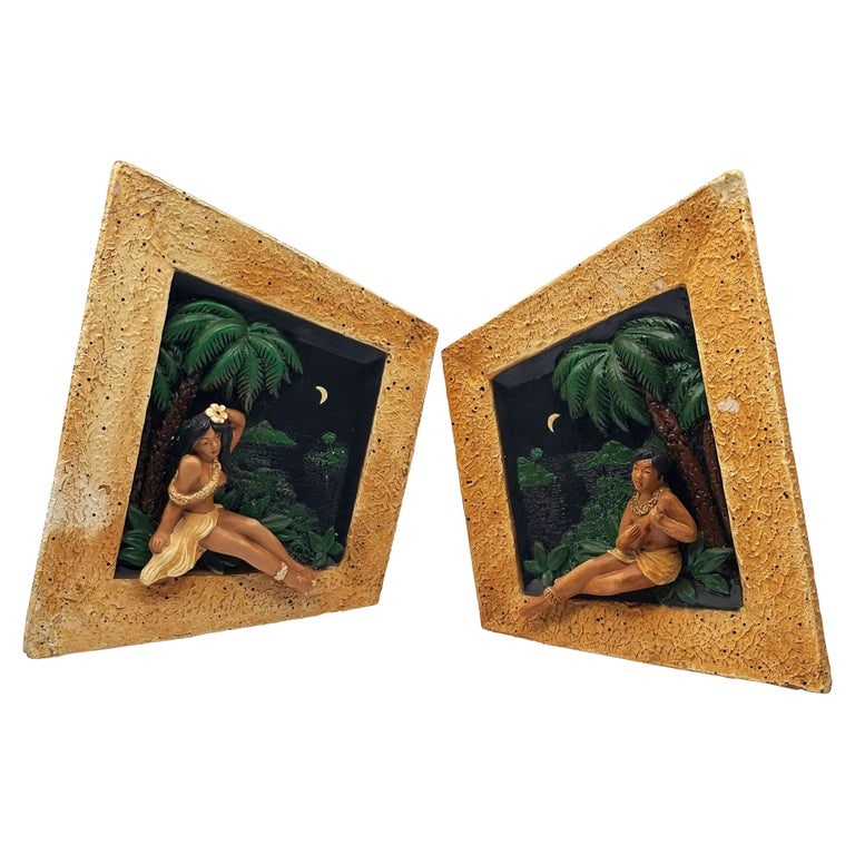 Rare MCM Tropical Hula Girl & Ukulele Boy Art Pottery 3D Wall Sculptural, Pair (1 of 13)