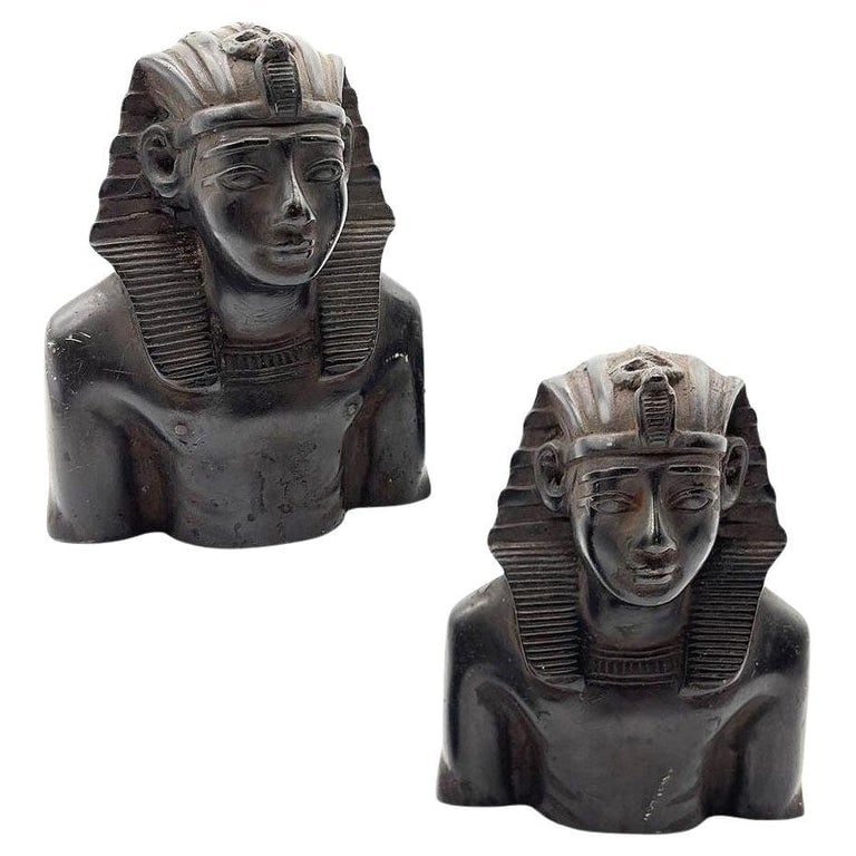 Hand Carved Ebony Wood King Tut Tutankhamen Pharaoh Bust Book Ends Signed 1974 (1 of 11)