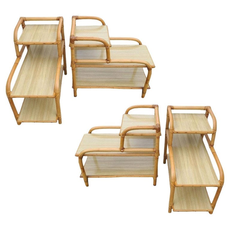 Restored Mid-century 3-Tier Rattan Side Lamp Table Living Room Set of 4: Beautifully restored set of four 3-tier side tables featuring a single stand frame with blond Formica tops and steam-bent rounded corners wrapped in wicker along the corners. The tables blend style an