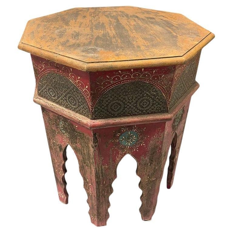 Hand Painted Moroccan Hexagon Wooden Boho Side Table w/ Brass Inlays (1 of 9)