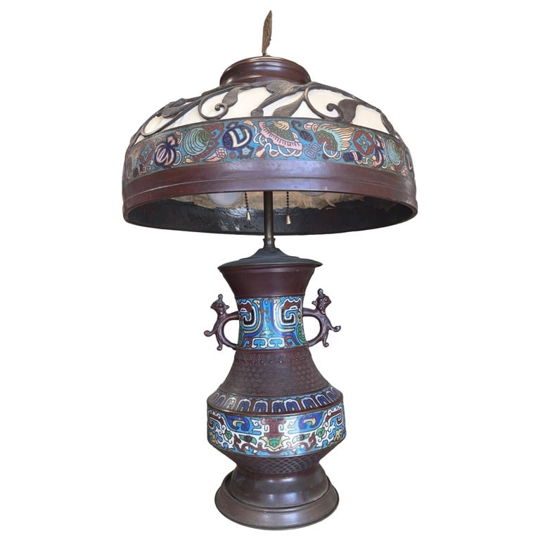 1910 Meiji Period Japanese Cloisonné Lamp with Wrought Iron and Enamel Shade (1 of 14)