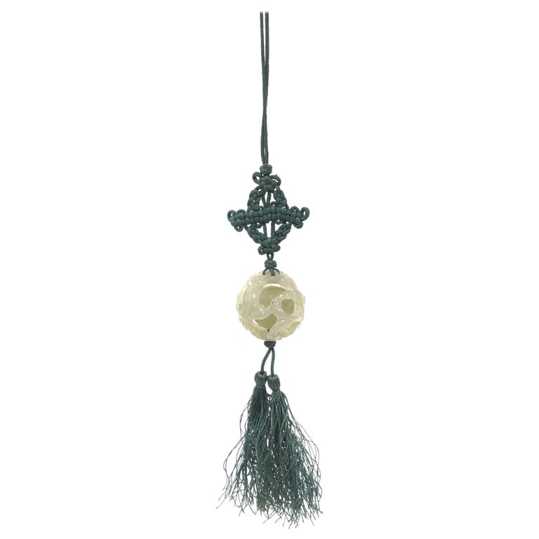 70s Boho Hand-Carved Tremolite Jade Pendant Necklace with Silk Knot & Tassel (1 of 4)