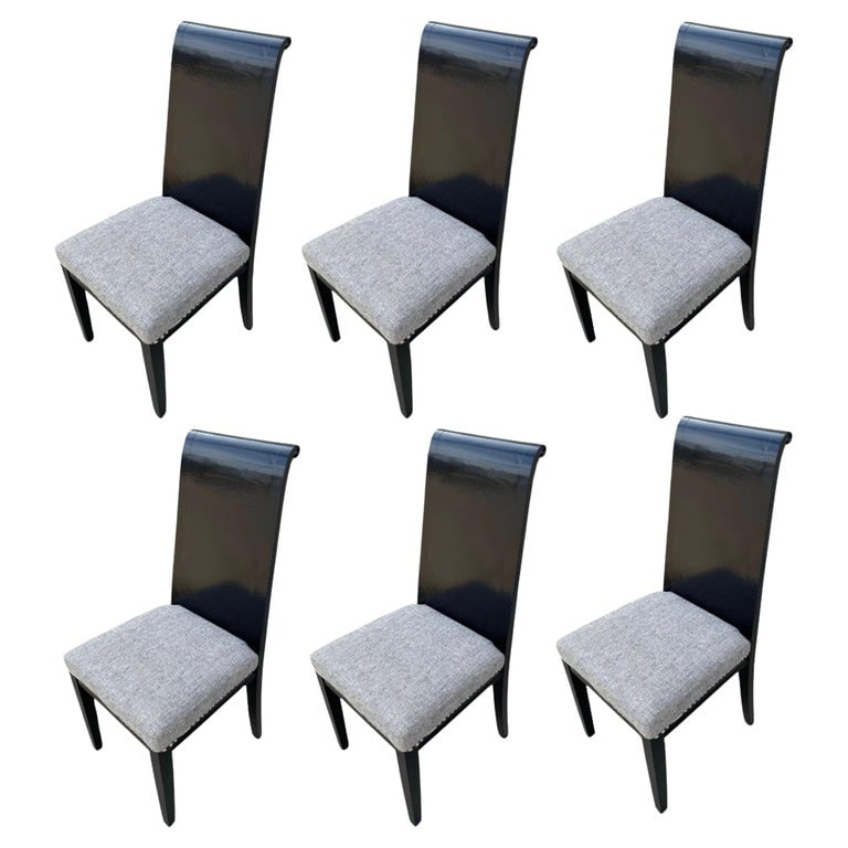 Set of Six Scrolling Back Wooden Oak Dining Chairs by Four Hands: Set of Six Scrolling Back Wooden Oak Dining Chairs by Four HandsThis set of six dining chairs by Four Hands features a solid oak frame with a unique scrolling back design. The curved backrest provides