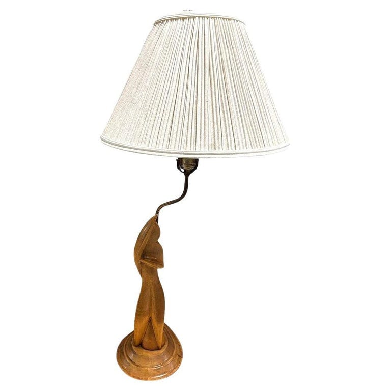 Mid-century Abstract Heifetz Syle Hand Carved Maple Wood Female Table Lamp: Mid-century Hard-carved abstract female maple wood table lamp in the style of Yasha Heifetz showcasing an artistic interplay of natural texture and sculptural form, making it a captivating focal point