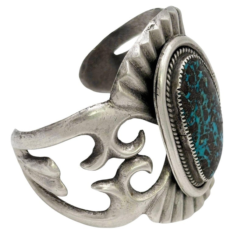 Mid-century Sterling Silver Navajo Cuff Bracelet w/ Bisbee Blue Turquoise Stone (1 of 7)