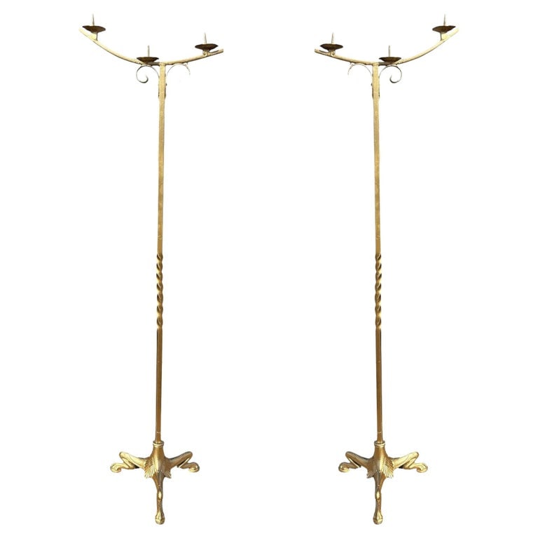 Hollywood Regency Brass-tone Floor Standing Candelabra w/ Claw-foot Base, Pair (1 of 10)