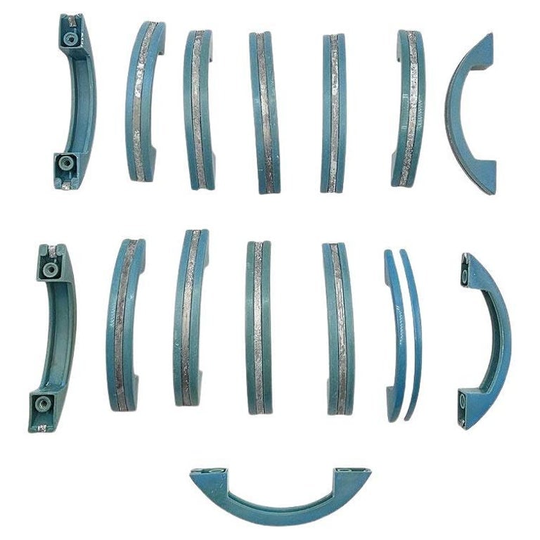 Art Deco Sky Blue Bakelite Drawer Pulls w/ Chrome Strip, Set of 15: Set of 15 Sky Blue bakelite drawer/door pull knobs each with a chrome strip down the center. Complete your period kitchen cabinetry with this classic Art Deco-era piece with a striking blue color comp