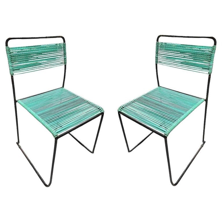 Pair of Walter Lamb Style Iron Blue Corded Outdoor Patio Side Chairs (1 of 6)