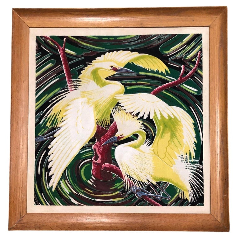 Restored Vintage 1949 Rattan Framed Crane Barkcloth Fabric Sample by Spectrum: This framed crane barkcloth fabric sample, produced by the Spectrum company around 1949, served as a showcase of mid-century design aesthetics. Displayed in rattan showrooms across the globe, it epito