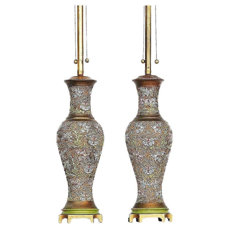 Arts & Craft Chinese Bronze Cloisonné Enamel Vase Lamp by Mimi London, Pair (1 of 5)