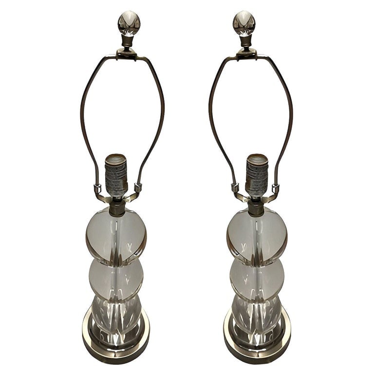 Mid-century Stacked Graduating Crystal Ball Table Lamps w/ Chrome Base, Pair (1 of 6)