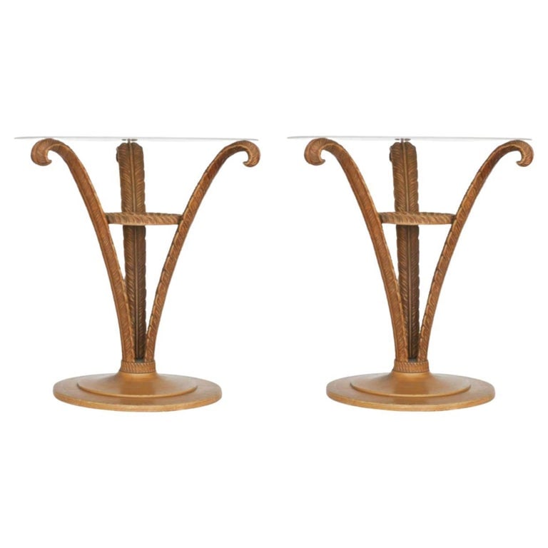 Art Deco Sculpted Wood Plume Round Pedestal Side Table by Grosfeld House, Pair: Pair of Art Deco sculpted wood plume side tables by Grosfeld House. Each table is made of three wood plume leaves opening up from the center of the base to the border of the glass top. This table has
