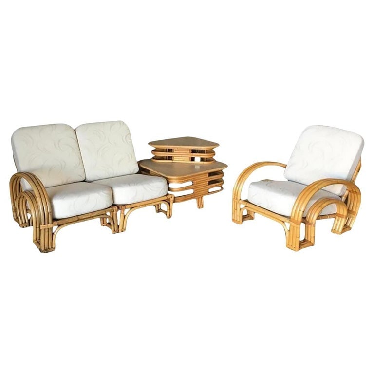 Restored Double Horseshoe Rattan Sofa, Lounge Chair, Side Table Living Room Set (1 of 10)