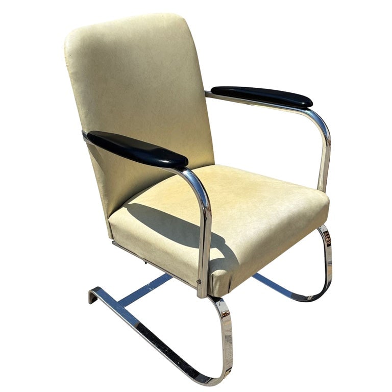 Art Deco Chrome & Vinyl Springer Rocking Chair by Kem Weber for Lloyd: This is a beautiful spring cantilever chrome lounge chair with black wood arms in yellow vinyl, designed by Kem Weber for Lloyd Manufacturing Company, later Heywood Wakefield, in the late 1930s.The ch