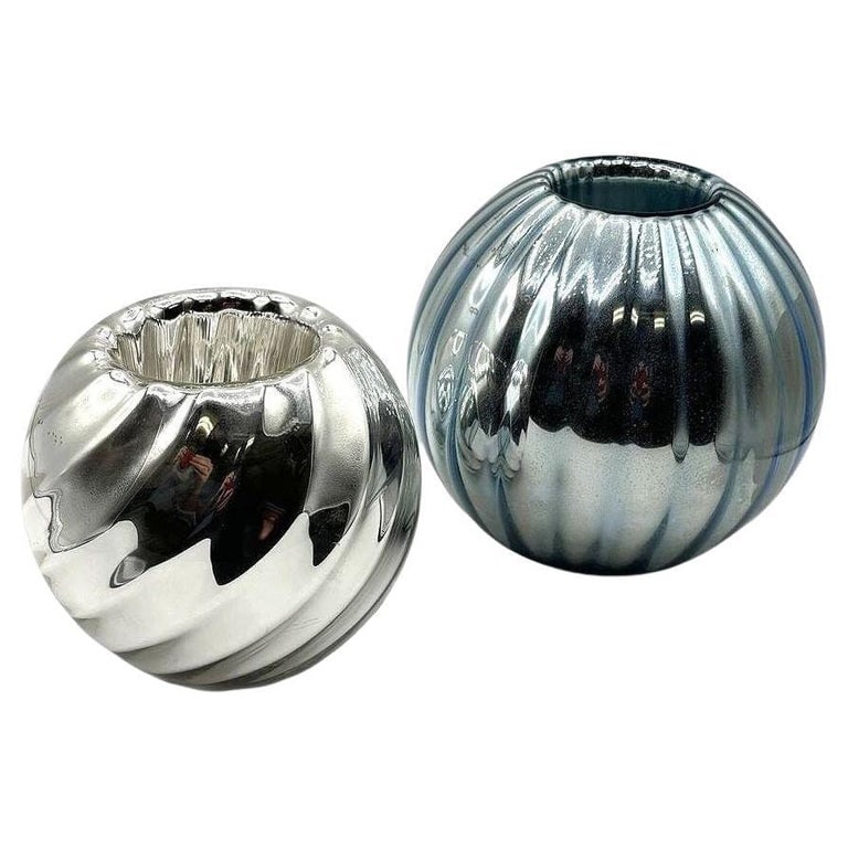 Czechoslovakian Art Deco Cobalt Mercury Glass Ball Candlestick Holders, Pair: Elevate your space with these striking Czechoslovakian mercury glass candlestick holders. Featuring a cobalt blue base and silvered accents, these pieces showcase the rich craftsmanship of 19th-centur