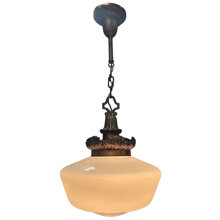Art Deco Copper Acanthus Leaf Hanging Pendant Light w/ Opal Schoolhouse Globe (1 of 5)