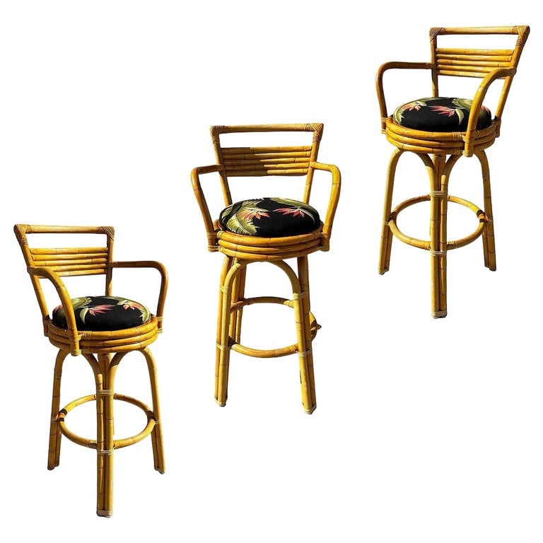 Restored 2-Strand Arch Base Rattan Bar Stools w/ Armrest, Set of 3 (1 of 6)