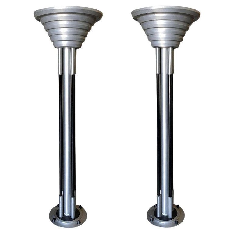 Large Art Deco Revival Machine Age Torchiere Floor Lamp, Pair: Pair of large six-and-a-half-foot tall custom hand-made Art Deco Revival torchiere floor lamps. Each lamp features hand-machined parts with a mix of black powder coat finish, brushed steel, and alumin