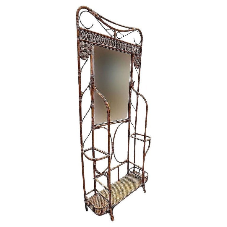 Restored Aesthetic Movement Bamboo& Grassmat Hall Tree W Mirror & Umbrella Stand (1 of 7)