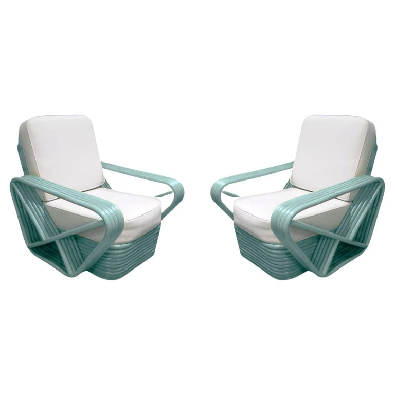 Restored Aqua Turquoise 5-Strand Square Pretzel Rattan Lounge Chairs - Pair (1 of 7)
