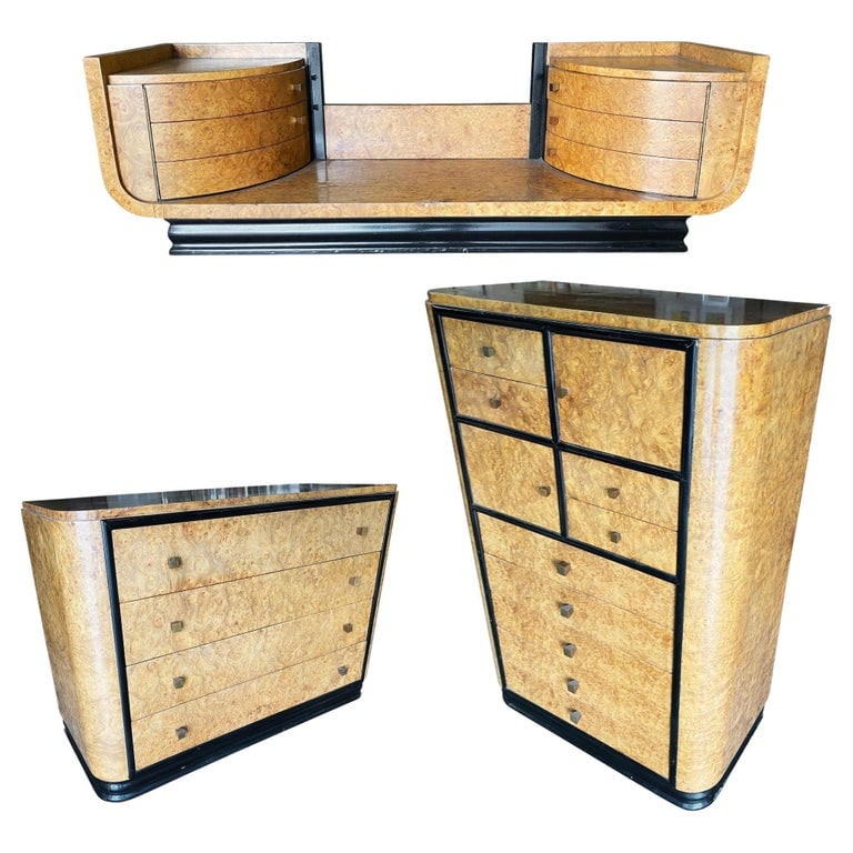 Streamline Art Deco Dresser & Vanity Bedroom Set by Donald Deskey for Widdicombe: Original English European high-style Art Deco bronze and bird's-eye matching bedroom set featuring a lowboy dresser, highboy dresser, and vanity. Each piece comes with a stepped black lacquer base, bl
