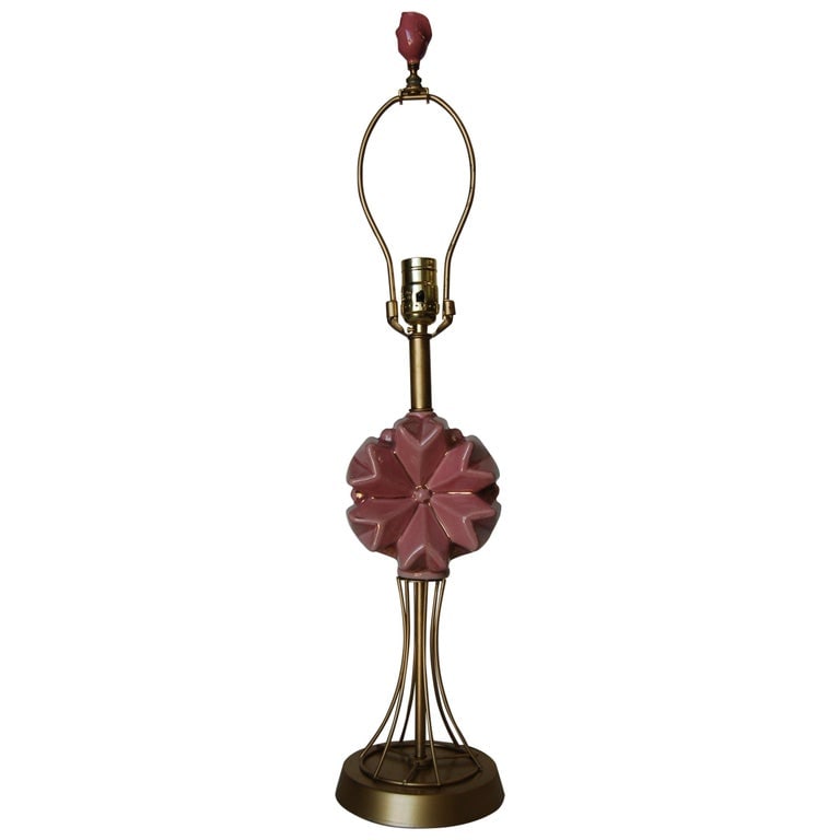 Midcentury Brass Spindel Table Lamp with Ceramic Flower Accent: Original post war brass spindel brass table Lamp with pink ceramic flower accent as the center piece, Measures 19" height x 6" diameter.