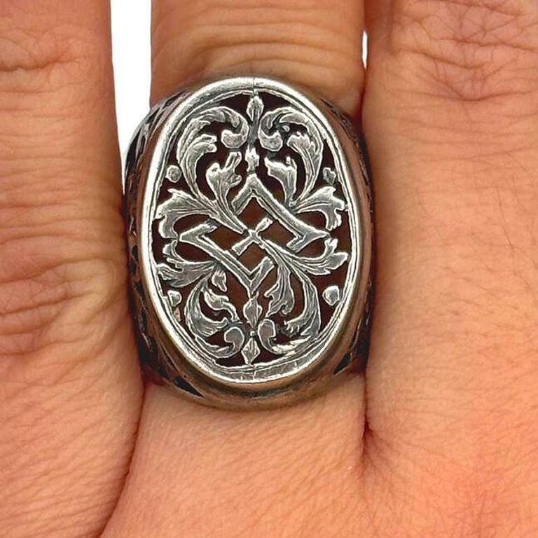 925 Sterling Scrollwork Tang Grass Pattern Victorian Statement Ring Size 10 - 5