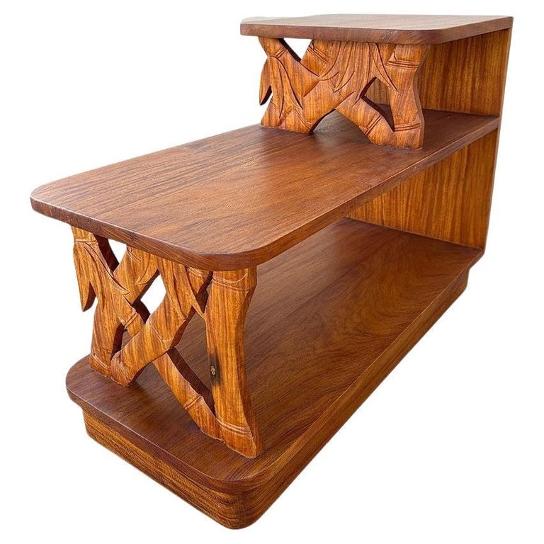 Restored Hand Carved Koa Wood 3 Tiered Side Lamp Table w/ Bamboo Motif (1 of 4)