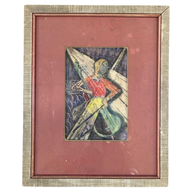 Vintage Wood Framed Pastel Print by Artist Bala: Vintage Wood Framed pastel print by artist Bala.This painting with reminiscencies of a Picasso style signed by artist Bala depicts a man playing what it looks like a cello, against an abstract