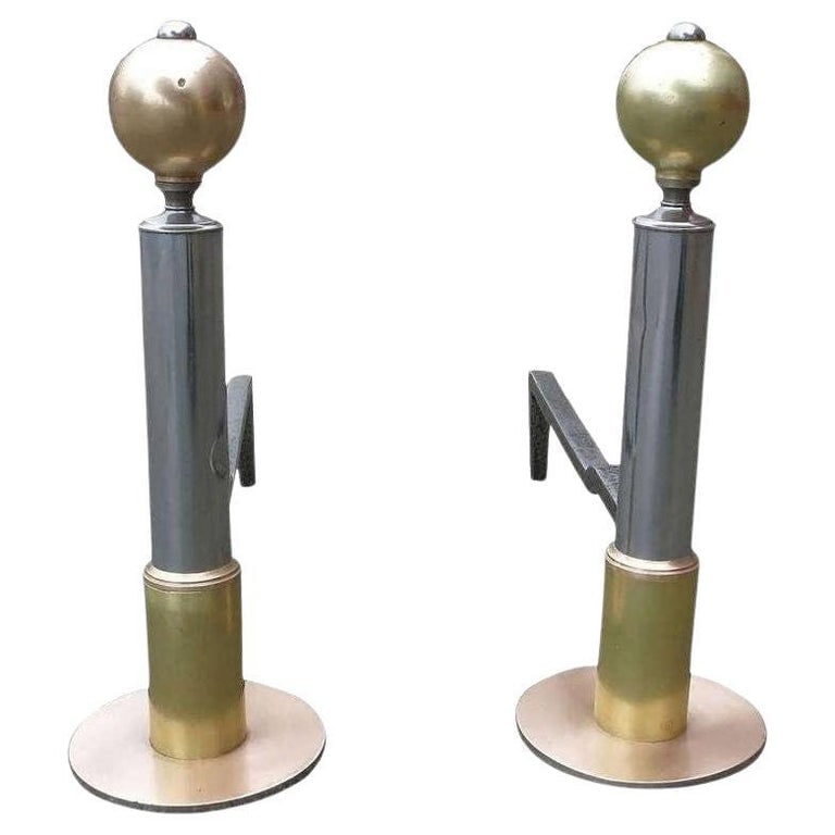 Art Deco Chrome and Brass Geometric Andirons Attributed to Donald Deskey (1 of 4)